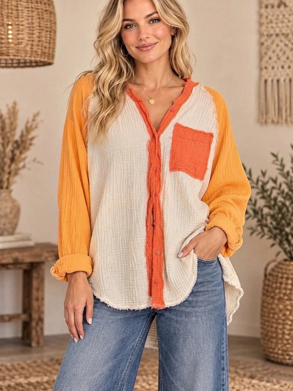 Aerie Color Block Guazy Button Down in Orange & Cream (080789) 🌼 ☀️